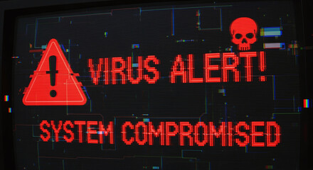A virus alert warning displayed on a digital screen with red danger symbols and glitch effects, in a futuristic environment	