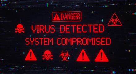 A virus alert warning displayed on a digital screen with red danger symbols and glitch effects, in a futuristic environment	