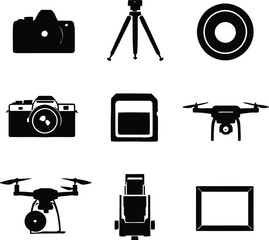 Illustration of photography equipment including cameras drones and tripods in black silhouette style