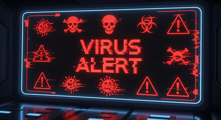 A virus alert warning displayed on a digital screen with red danger symbols and glitch effects, in a futuristic environment	