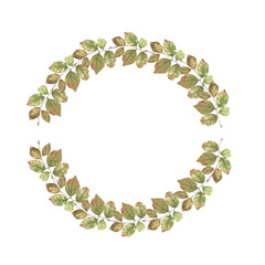 Watercolor autumn postcard. Watercolor autumn composition of green leaves. 