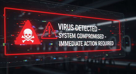 A virus alert warning displayed on a digital screen with red danger symbols and glitch effects, in a futuristic environment	