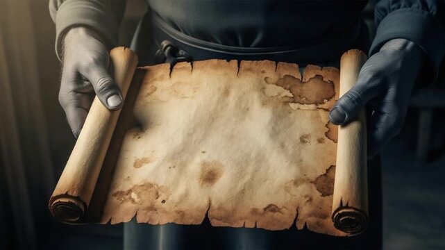 Person holding an old parchment scroll with both hands in a dimly lit environment indoors scene