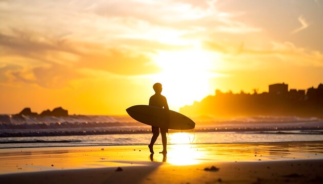 Silhouette of a person with a surfboard walking on a beach during a brilliant sunset
