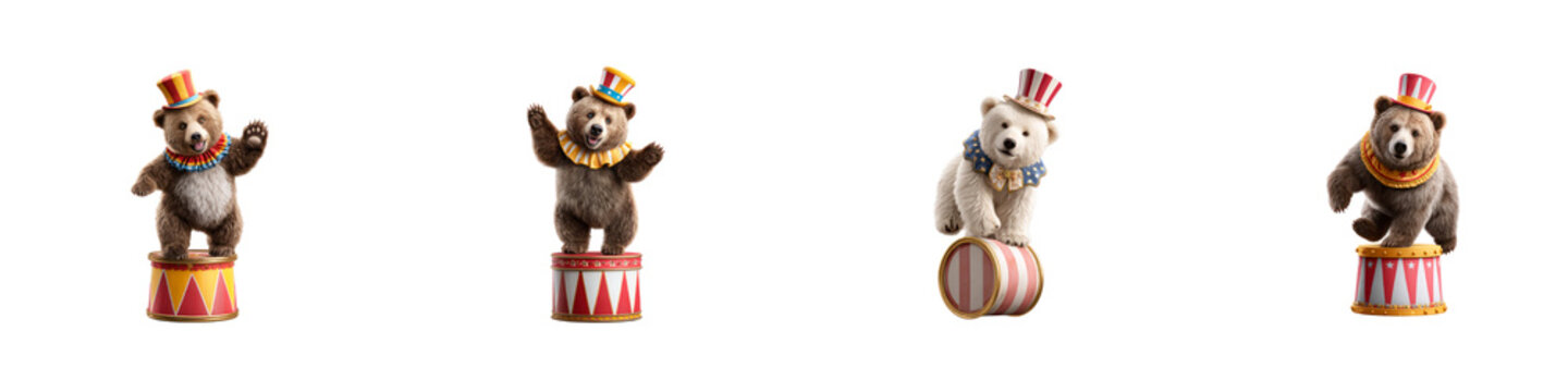 Set of Circus bear in colorful costume and hat standing on decorated drum isolated on transparent background