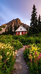 Red cabin nestled in wildflowers, mountain backdrop