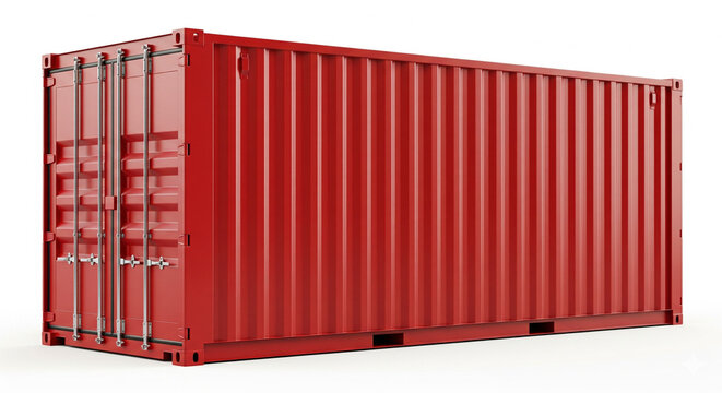 Ultra realistic image of large red shipping container isolated on white background no branding or text