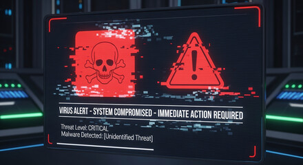 A virus alert warning displayed on a digital screen with red danger symbols and glitch effects, in a futuristic environment	