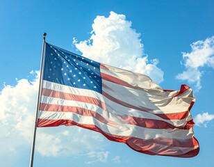 American flag billowing in a clear blue sky with puffy white clouds