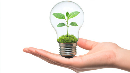 Hand holding a light bulb with a small plant growing inside, symbolizing sustainability and innovation in modern living
