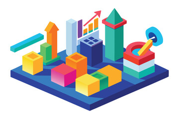 Obraz premium Isometric colorful abstract 3D shapes representing growth and data analysis Keywords: 3D, abstract, analytics, arrow, bars