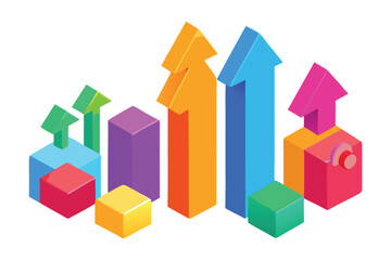 Isometric colorful bar charts with upward arrows on white background graph data