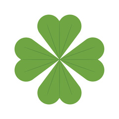 Green lucky clover leaf isolated. Vector flat style illustration of St. Patrick's day green lucky clover leaf isolated on white background.