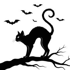 Vector art of black cat walking on a branch with bats flying, halloween silhouette, vector illustration