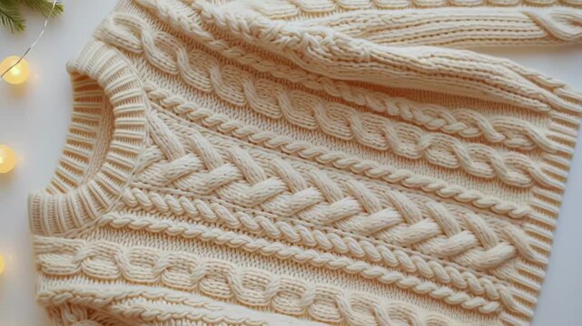 Cozy cream cable knit sweater displayed with warm fairy lights, showcasing intricate patterns and textures, perfect for embracing the fall season's comfort and style