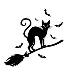 Vector art of a black cat silhouette riding a broomstick with bats flying around, , perfect for halloween themes