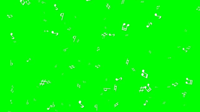 Animated music notes moving across green screen background representing sound  melody  and rhythm in visual design.