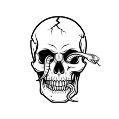 Vector art of skull with snake crawling out of eye, a symbol of death and decay in a macabre and gothic style