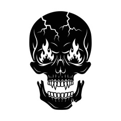 Vector art of fiery skull, a symbol of danger and mortality, with flames erupting from its eye sockets and cracks
