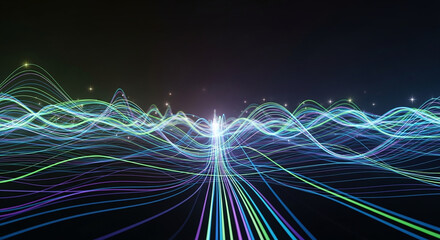 Abstract AI Wavy digital technology lines with bright lights and dark void background landscape.