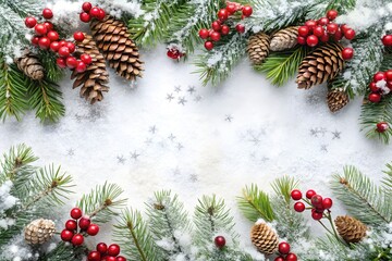 Festive Christmas Border with Pine Cones Berries and Snow on White