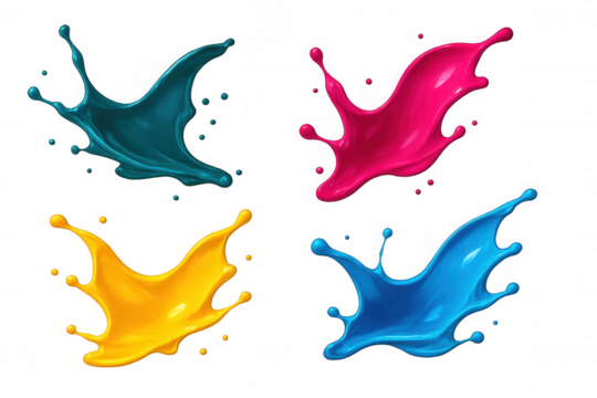 Vibrant paint splashes launching upward, creating colorful aerial arcs with dynamic energy against stark white backdrop