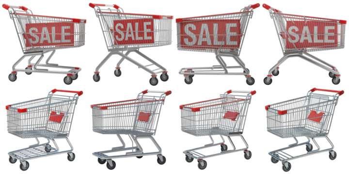 Shopping carts with sale signs isolated on a transparent background metal