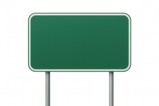 Empty green road sign with rounded corners and metal poles isolated on transparent background, ideal for customization - Powered by Adobe