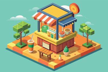 Food stand with colorful awning and outdoor seating in a vibrant park setting