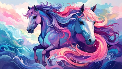 Two majestic horses with vibrant manes