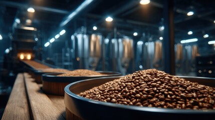 Brewery production line showcasing grains in a modern factory setting, with stainless steel tanks and industrial lighting.