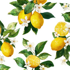 Citrus fruit and blossoms pattern.  Bright yellow lemons,  white blossoms, and lush green leaves repeat across a black background.  Detailed illustration.  Watercolor style