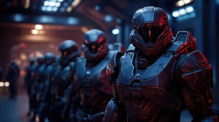 A line of armored cyborg soldiers in metallic suits stands in a dimly lit, futuristic industrial setting, exuding power and unity.