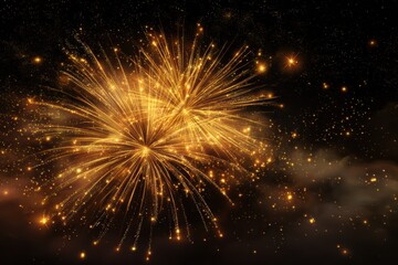 Fototapeta premium Luminous fireworks illuminate the night sky, creating a radiant constellation of golden sparks over the celebration in a bustling city during festive winter evenings