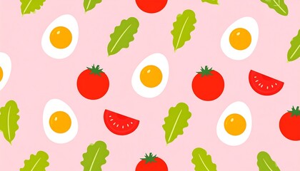 Pink background, repeating pattern of sliced eggs, tomatoes, and lettuce leaves