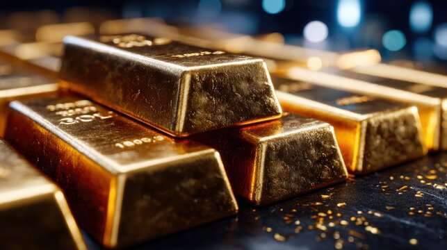 Stacked gold bars shimmering under bright lights, ideal for illustrating wealth, investment, and luxury.