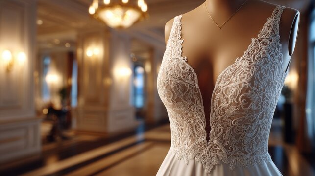 Elegant lace wedding dress on mannequin in a luxurious setting, showcasing meticulous craftsmanship with intricate lace details, ideal for bridal marketing.