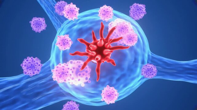 Detailed illustration of a cell undergoing division with surrounding particles, showcasing cellular processes