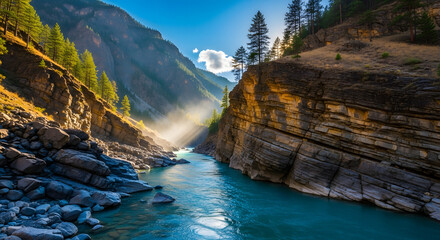 Rocky canyon river landscape featuring evergreen trees and blue skies