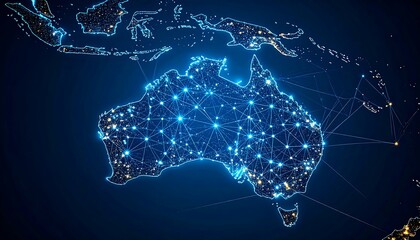 A digital representation of Australia, highlighting its major cities and connectivity.  A network of light-blue lines connects points of light, suggesting a global network or communication system