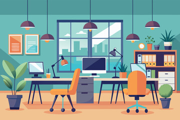 Modern office workspace with plants and technology during daylight