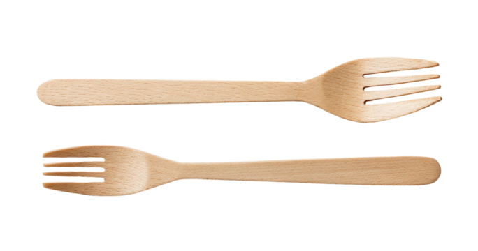 Two light beige wooden utensils, a fork and spoon, laid horizontally, parallel and slightly separated.  The utensils have smooth, simple handles and are in profile view