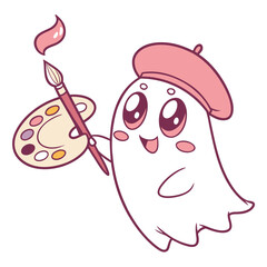 Obraz premium Cute Ghost Artist Character with Beret Holding Paint Palette and Brush kawaii