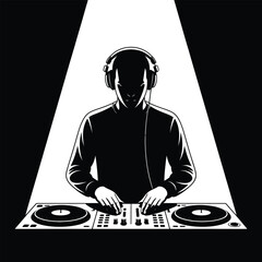 A young female DJ in headphones mixing music on a turntable at a vibrant party in a nightclub