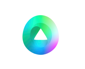 Circular button, vibrant gradient colors, pixelated design, upward-pointing triangle