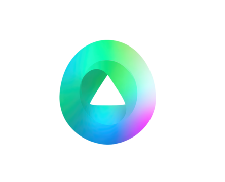 Circular button, vibrant gradient colors, pixelated design, upward-pointing triangle