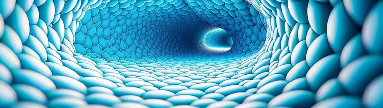 An infinite animation where the viewer continuously zooms through a surreal tunnel formed by glowing, interlocking bubbles 