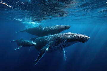 Fototapeta premium Whales swimming gracefully in the deep blue ocean showcasing their natural beauty and majestic presence during a sunny day at sea