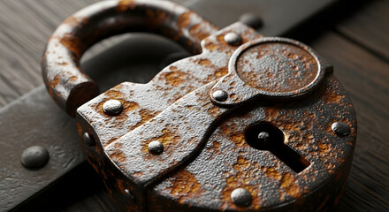 Close-up of old aged rusty padlock security on wood