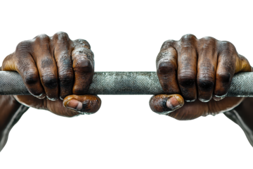 African american male hand grips barbell during weightlifting exercise on isolated white background